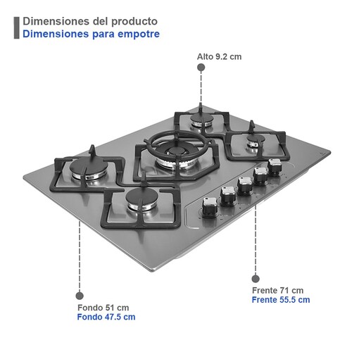 Parrilla de gas L.P. empotrable 70cm SUPRA ETERNITY de acero inoxidable con 5 quemadores