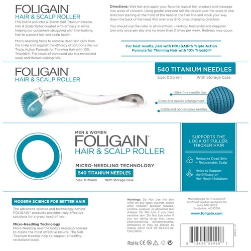 Foligain Derma Roller para Cuero Cabelludo 540 Agujas de Titanio para alopecia