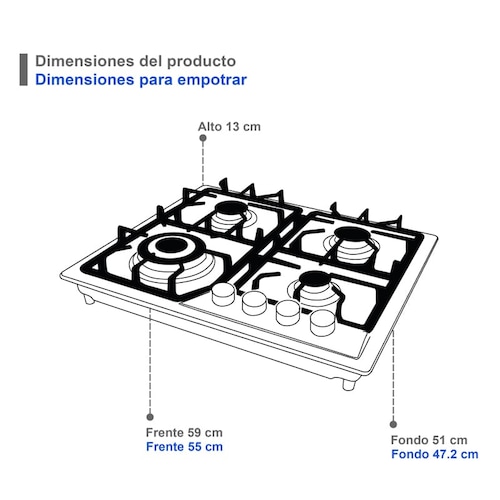 Parrilla de gas empotrable 60cm con cubierta y cuerpo de acero inoxidable SUPRA EXQUISIT con 4 quemadores 