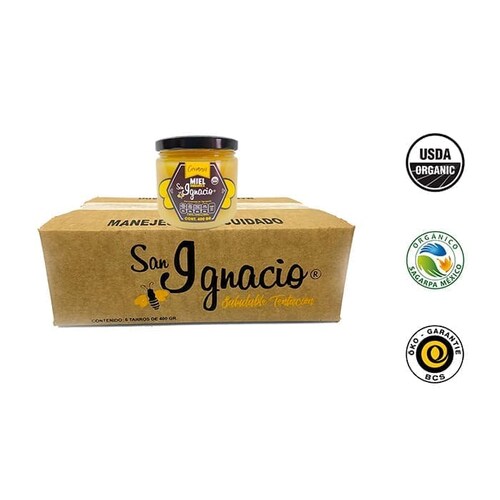 Miel ORGANICA San Ignacio Mezquite Untable Caja 6 frascos 400gr USDA Organic SAGARPA Organico 100% pura de abeja