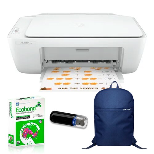 Impresora a color multifunción HP DeskJet 2374 Copiadora y Escaner + 500 Hojas blancas + Memoria USB + Mochila