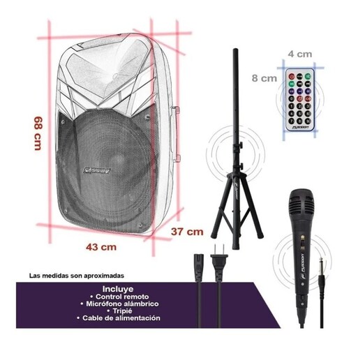 BAFLE AMPLIFICADO FUSSION PBS-1028 15" 20 000 W RECARGABLE/FM/USB/SD/AUX/6.3 mm/LUZ LED/TRIPIÉ/CONTROL END