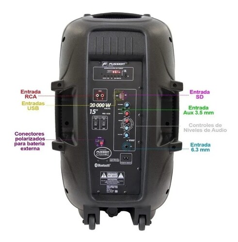 BAFLE AMPLIFICADO FUSSION PBS-1028 15" 20 000 W RECARGABLE/FM/USB/SD/AUX/6.3 mm/LUZ LED/TRIPIÉ/CONTROL END