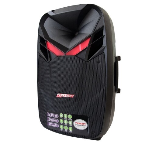 BAFLE AMPLIFICADO FUSSION PBS-1028 15" 20 000 W RECARGABLE/FM/USB/SD/AUX/6.3 mm/LUZ LED/TRIPIÉ/CONTROL END