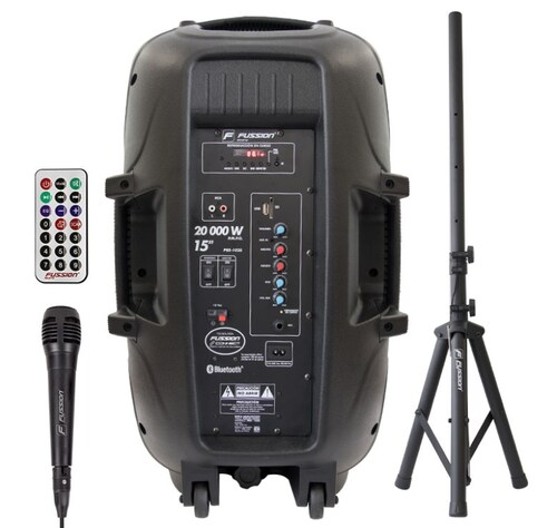 BAFLE AMPLIFICADO FUSSION PBS-1028 15" 20 000 W RECARGABLE/FM/USB/SD/AUX/6.3 mm/LUZ LED/TRIPIÉ/CONTROL END