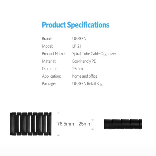 Tubo protector Ugreen para cables 25mm 3m negro
