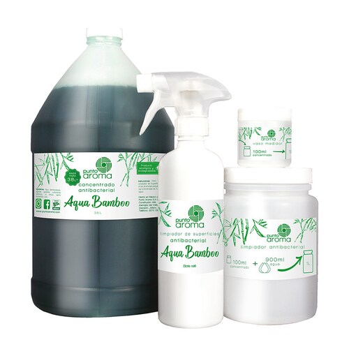 Punto Aroma - Kit de limpiador antibacterial multiusos concentrado para diluir - Biodegradable y lavable con agua - Cotiene 3.8 litros de concentrado, bote de 100ml y de 1l para diluir fácilmente y atomizador de 500ml para rellenar (los botes y atomizador se envían vacios) - Rinde para diluir en 38l de limpiador antibacterial - Fragancia Aqua Bamboo.