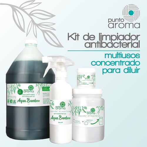 Punto Aroma - Kit de limpiador antibacterial multiusos concentrado para diluir - Biodegradable y lavable con agua - Cotiene 3.8 litros de concentrado, bote de 100ml y de 1l para diluir fácilmente y atomizador de 500ml para rellenar (los botes y atomizador se envían vacios) - Rinde para diluir en 38l de limpiador antibacterial - Fragancia Aqua Bamboo.