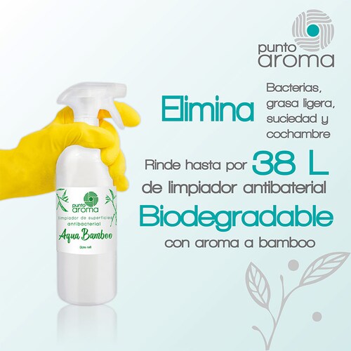 Punto Aroma - Kit de limpiador antibacterial multiusos concentrado para diluir - Biodegradable y lavable con agua - Cotiene 3.8 litros de concentrado, bote de 100ml y de 1l para diluir fácilmente y atomizador de 500ml para rellenar (los botes y atomizador se envían vacios) - Rinde para diluir en 38l de limpiador antibacterial - Fragancia Aqua Bamboo.