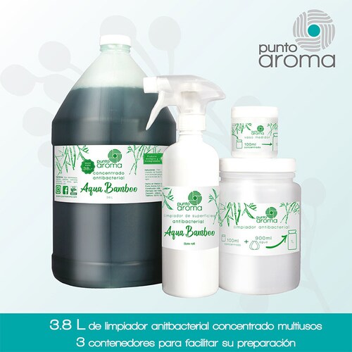 Punto Aroma - Kit de limpiador antibacterial multiusos concentrado para diluir - Biodegradable y lavable con agua - Cotiene 3.8 litros de concentrado, bote de 100ml y de 1l para diluir fácilmente y atomizador de 500ml para rellenar (los botes y atomizador se envían vacios) - Rinde para diluir en 38l de limpiador antibacterial - Fragancia Aqua Bamboo.