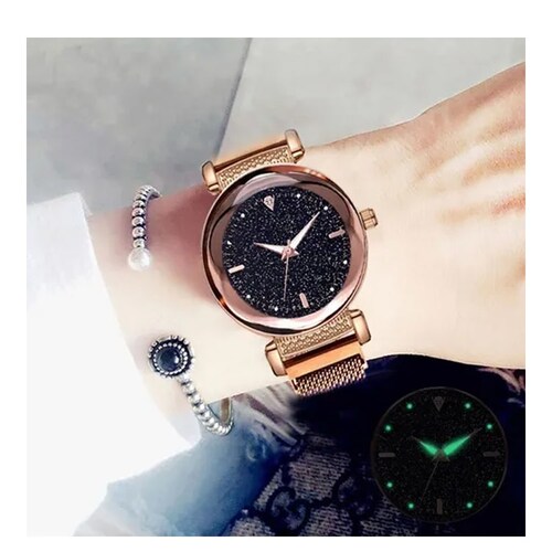 Reloj Iman Mujer Metal Flor Brilla de Noche ROSA