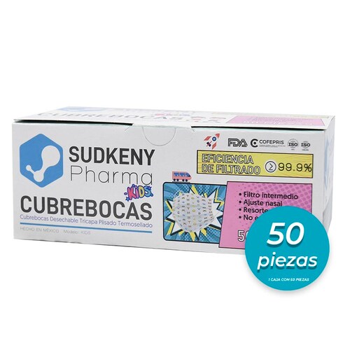 Cubrebocas quirúrgico desechable tricapa plisado termosellado SUDKENY KIDS, Caja c/50 piezas