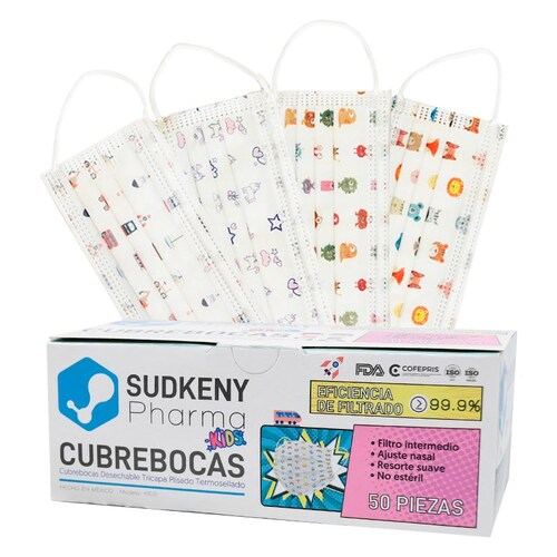 Cubrebocas quirúrgico desechable tricapa plisado termosellado SUDKENY KIDS, Caja c/50 piezas