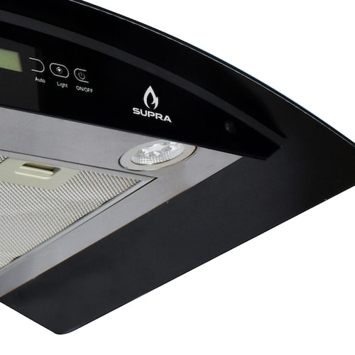 Campana extractora de pared 90cm SUPRA SKYFALL  con cristal curvo en color negro y control remoto