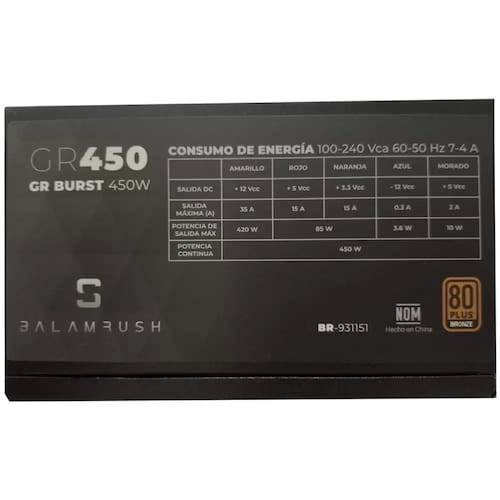 Fuente De Poder Certificada Balamrush 450w 80 Plus Bronze Color Negro