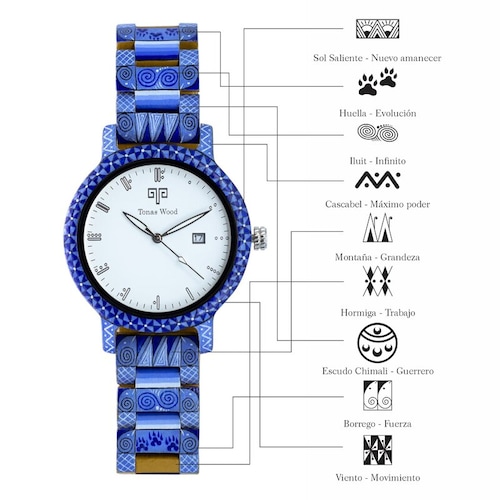 Reloj Alebrije by Tonas Wood Unisex Color Azul con Amarillo Kukulkán 