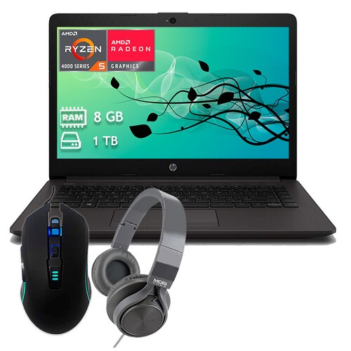 Laptop HP 245 G7 Ryzen 5 SSD480GB -8GB 14" Negro+2TB de almacenamiento en la nube+ Audifono Bluetooth + Mouse Gamer