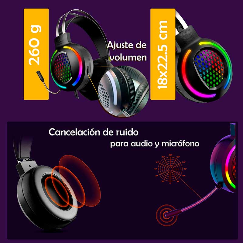 AUDIFONOS VAK G08 GAMER GAMING AUX USB MICROFONO Led Colores