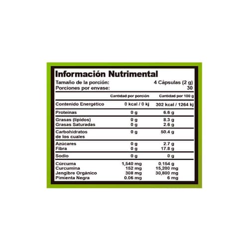 BHP Nutrition Natural Green Curcuma & Jengibre 120 Caps. 30 Serv.