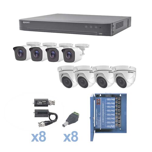 KIT TurboHD 1080p / DVR 8 Canales / 4 Cámaras Bala (exterior 2.8 mm) / 4 Cámaras Eyeball (exterior 2.8 mm) / Transceptores / Conectores / Fuente de Poder Profesional hasta 15 Vcd para Largas Distancias