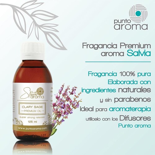 Punto Aroma - Fragancia, Ideal para difusor humificador sahumerio - Fragancia Premium - Incluye Frasco de 125 ml. (Salvia)