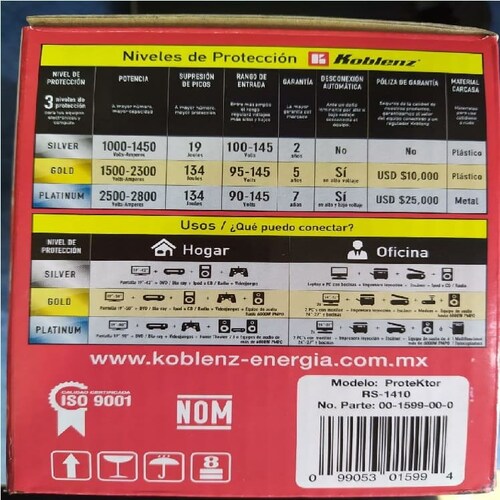 Regulador SUPRESOR DESCARGAS ELECTRICAS KOBLENZ 00-1599-00-0 Negro 1410VA 700W PC MAC TV PANTALLA