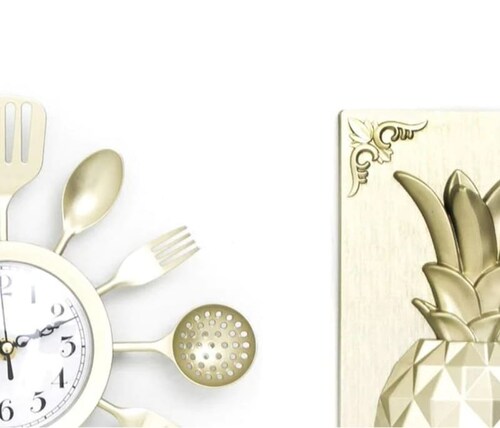 Reloj De Pared Diseño Cubiertos Cocina + 2 Cuadros Decorativos Frutas.