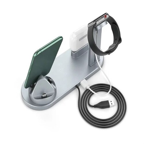 Cargador inalámbrico 4 en 1 para IPhone, Android, Apple Watch y Airpods y base de carga lighting y tipo C