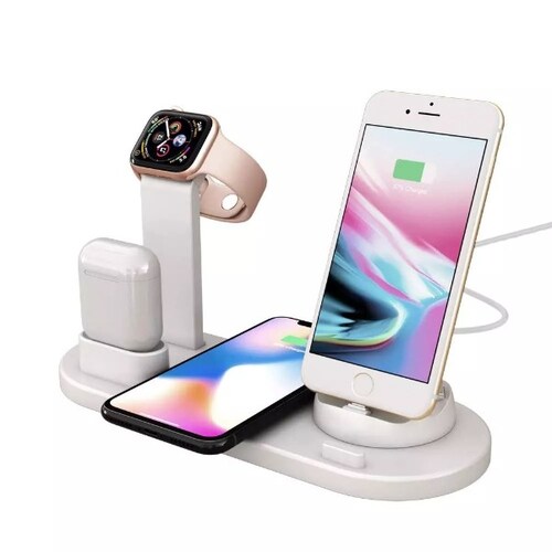 Cargador inalámbrico 4 en 1 para IPhone, Android, Apple Watch y Airpods y base de carga lighting y tipo C