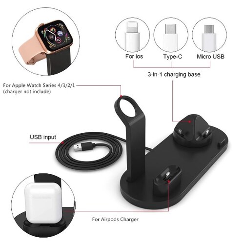 Cargador inalámbrico 4 en 1 para IPhone, Android, Apple Watch y Airpods y base de carga lighting y tipo C