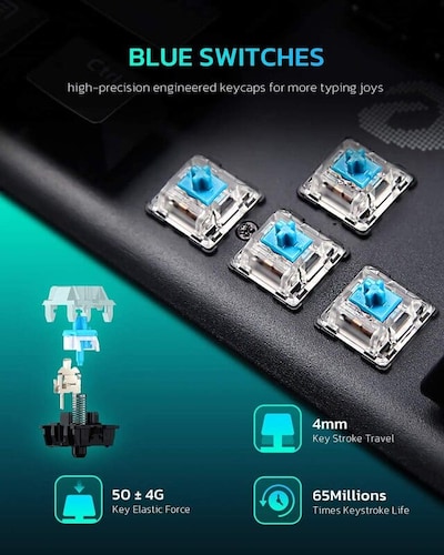Teclado mecánico Gaming Switch Azul, con reposamuñecas desmontable y teclas de doble disparo, antighosting, gris, tamaño completo 