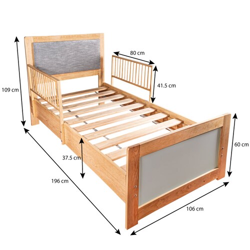 DUDUK Cama de Madera con barandales y cabecera acolchonada - Niños a Jóvenes