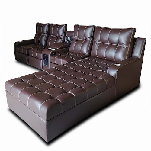 Sala Toronto c/ 3 Reclinables, sis de audio y Chaise EXTRA GRANDE derecho, Tela Floter chocolate // ENTREGA A CDMX Y ZONA METROPOLITANA.