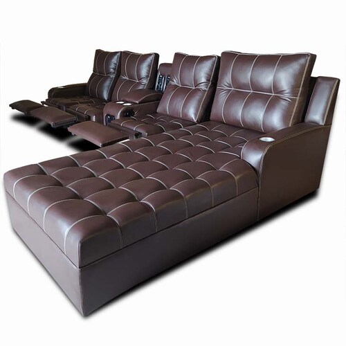 Sala Toronto c/ 3 Reclinables, sis de audio y Chaise EXTRA GRANDE derecho, Tela Floter chocolate // ENTREGA A CDMX Y ZONA METROPOLITANA.