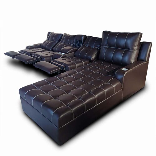 Sala Toronto c/ 3 Reclinables, sis de audio y Chaise EXTRA GRANDE derecho, Tela Floter chocolate // ENTREGA A CDMX Y ZONA METROPOLITANA.