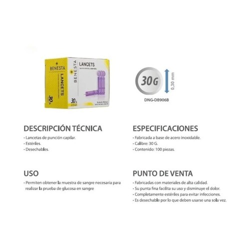 100 Lancetas Universales Glucosa Estériles Benesta 30g