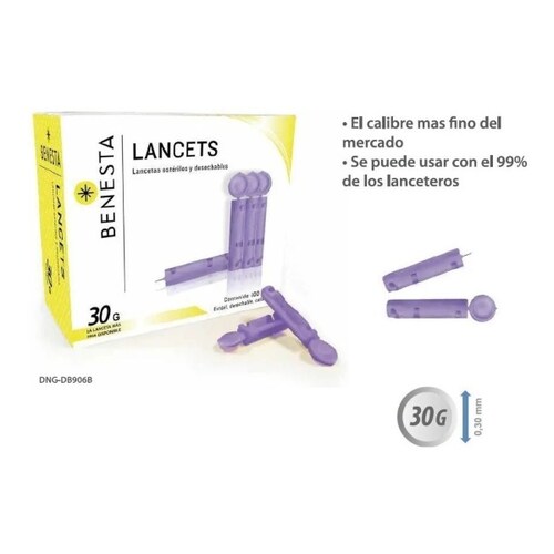 100 Lancetas Universales Glucosa Estériles Benesta 30g