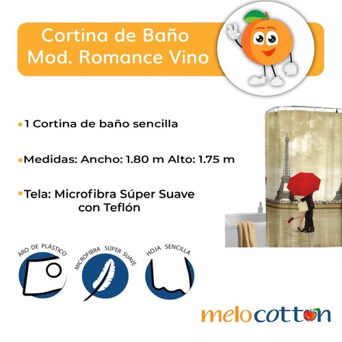 Cortina de baño Romance, Medidas: 1.80 x 1.75 m. 