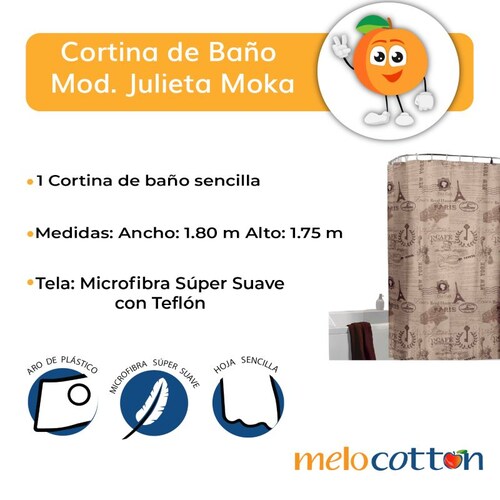 Cortina de baño Julieta Moka, Medidas: 1.80 x 1.75 m. 