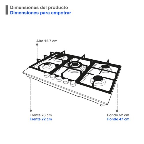 Parrilla de 5 quemadores SUPRA 5Q-PS-76 parrilla de gas empotrable en 76 cm con cubierta de acero inoxidable