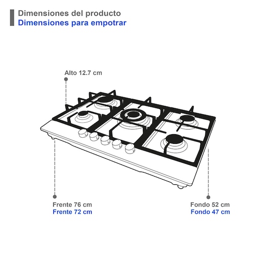 Parrilla de 5 quemadores SUPRA 5Q-PG-76 parrilla de gas empotrable en 76 cm con cubierta de cristal templado color negro