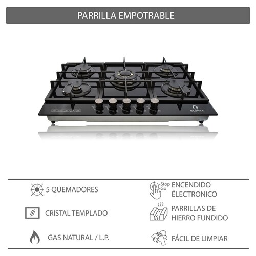 Parrilla de 5 quemadores SUPRA 5Q-PG-76 parrilla de gas empotrable en 76 cm con cubierta de cristal templado color negro