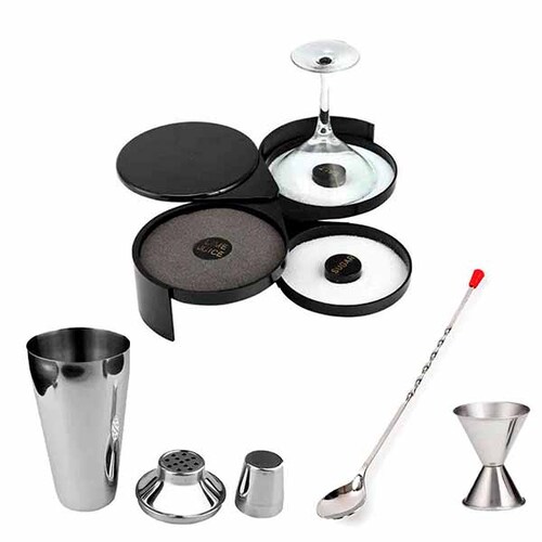 Set bar Coctelera, escarchador, cuchara  bailarina y jigger. 4 piezas Serazu