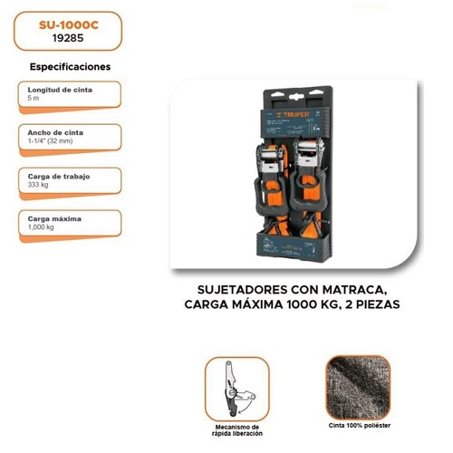 Sujetadores Matraca Carga Máxima 1000 Kg 2 Pz Truper 19285 para AUTO 