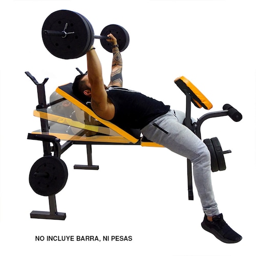Banco de ejercicios con barra y pesas negro