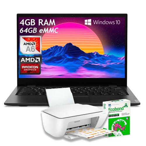 Laptop Lenovo Ideapad AMD A6-9220 4GB 64GB EMMC 14" + 500 Hojas + Impresora multifuncional
