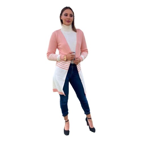 Cárdigan suéter mujer ensamble largo dama tejido abierto blanco con rosa MONI 
