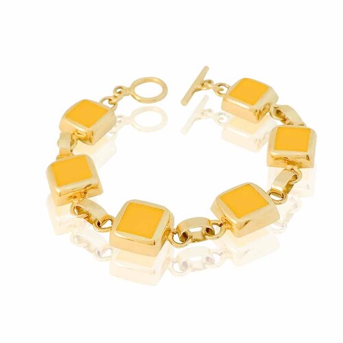 Pulsera tipo brazalete acero dorado #192 con hermosos adornos amarillos esmaltados