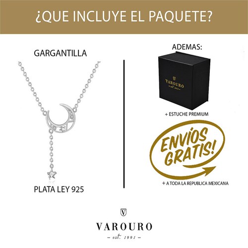 Gargantilla Luna Estrella VAROURO  Plata 925 | Collar Amor Ajustable.
