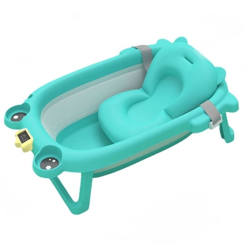 Tina para bebé, plegable, forma de rana con termómetro y colchón color azul.